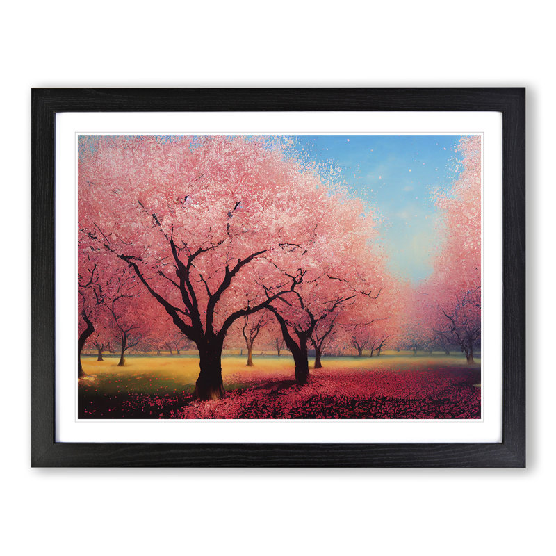 Bright Cherry Blossom Trees - Single Picture Frame Print, 46cm H x 64cm W x 2cm D, Black Framed