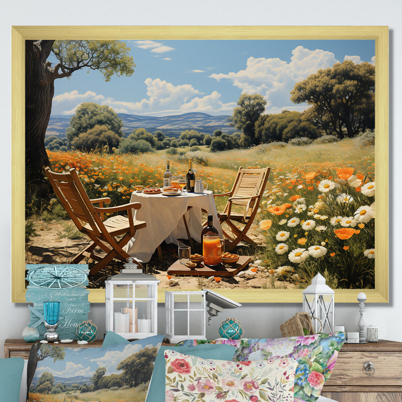Joyeux rassemblement de pique-niques pour deux - pique-nique, art mural, impressions sur toile, Cadre doré simple
