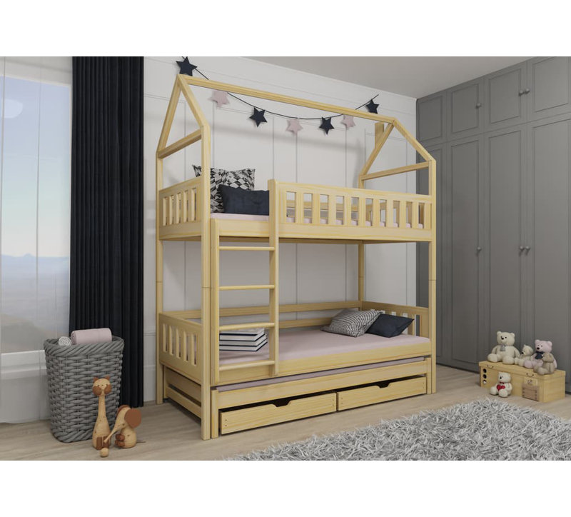 Nolina Storage Bunk Bed with Mattress and with Trundle Bed, Pine