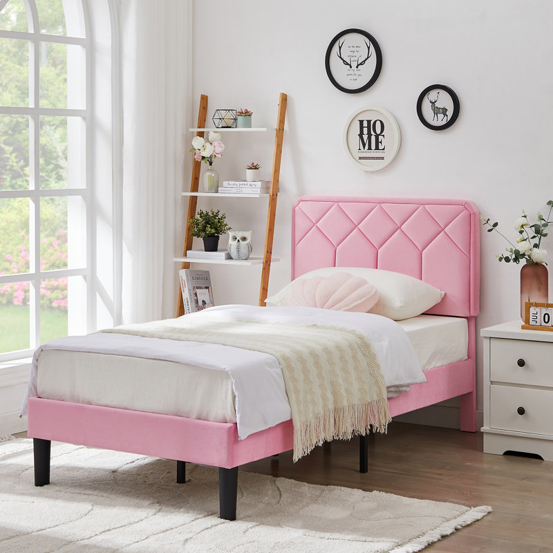 (Set of 2) Pink Twin Size Upholstered Platform Bed Frame with Adjustable Headboard, No Box Spring Needed, Pink