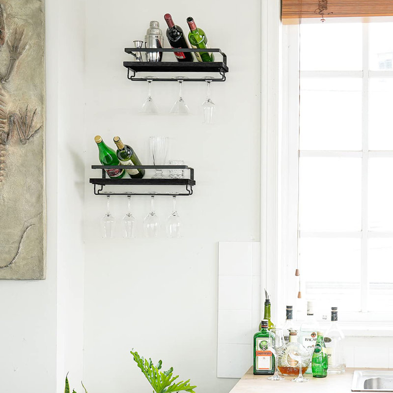 Dory 2 Bottle Wall Mounted Wine Bottle & Glass Rack, Black