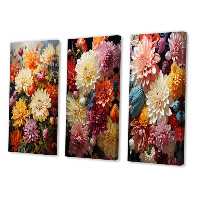 «Mums Mums In Bloom», 3 pièces sur toile, H 40 po x l 60 po, Toile tendue