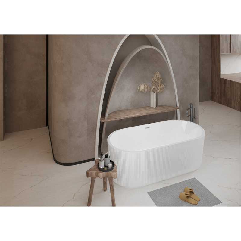 59"Linear Acrylicfreestanding Bathtub Stand Alone Soaker Tub, Glossy White Acrylic, POP-UP Chrome Drain, Cupc Certified