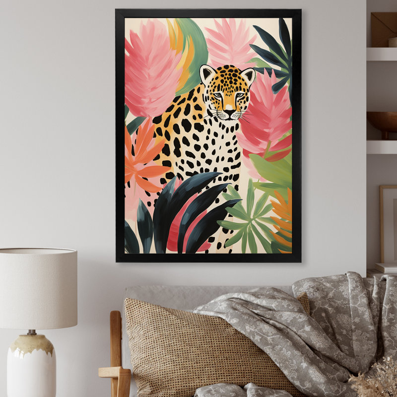 Vert et rose léopard, élégance tropicale I - art mural léopard / guépard, H 32 po x l 24 po x P 1 po, Cadre simple noir