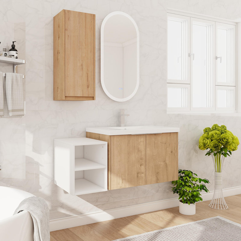 Meuble-lavabo double mural avec plateau en résine, meuble-lavabo flottant avec 4 portes et armoire latérale, 42"