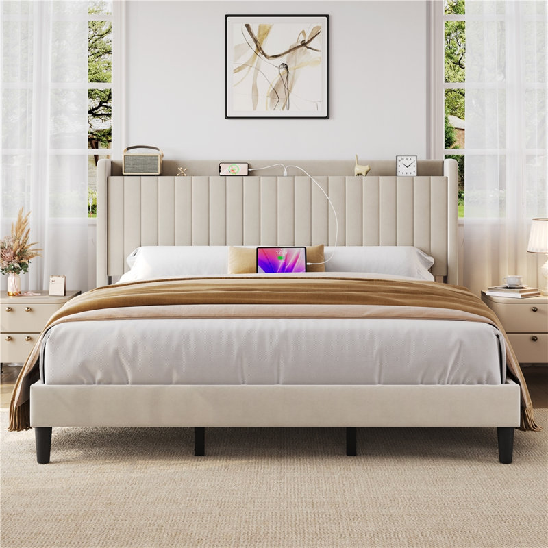 Structure de lit rembourrée avec prises de recharge et ports USB, King, Beige