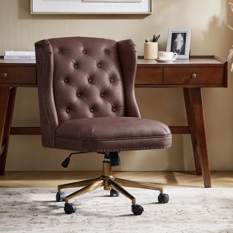 Fauteuil de bureau à oreilles en similicuir Hoai Hazel, Brun