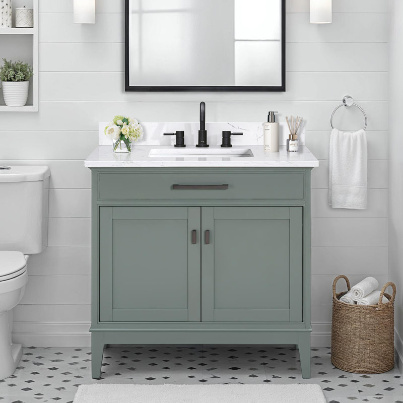Anglet 36" Single Bathroom Vanity with Top, Cala White, Smoke Green