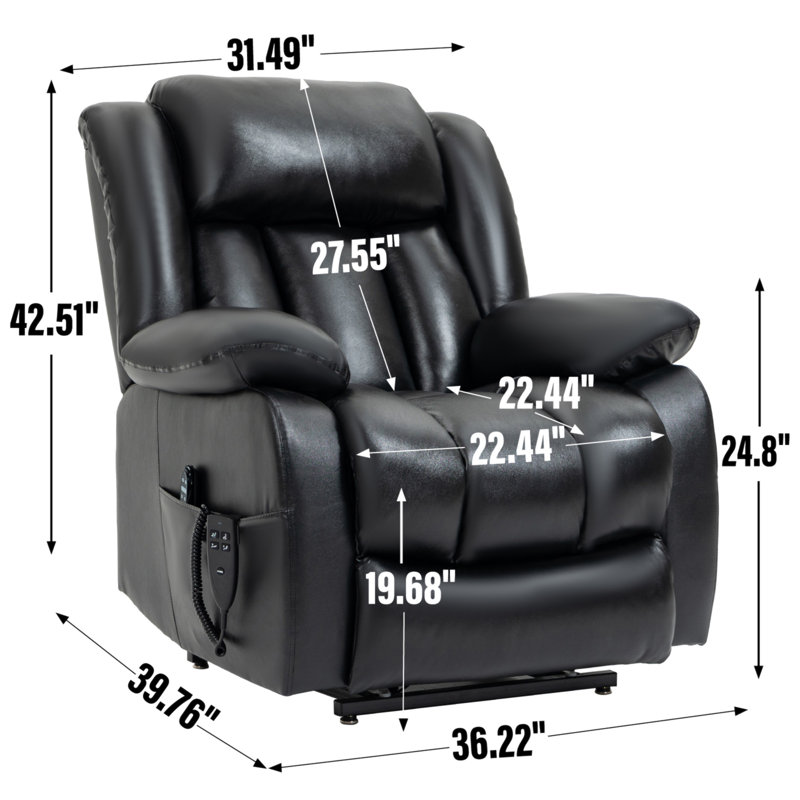 Dual Motor Infinite Position Up To 350 LBS Electric Medium Size Genuine Leather Black Power Lift Recliner Chair With 8-Point Vibration Massage And Lumbar Heating