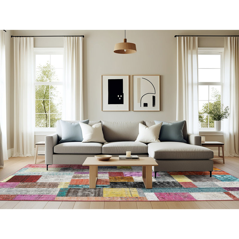 Tapis patchwork bleu / gris / rose, Rectangle 6 pi x 9 pi