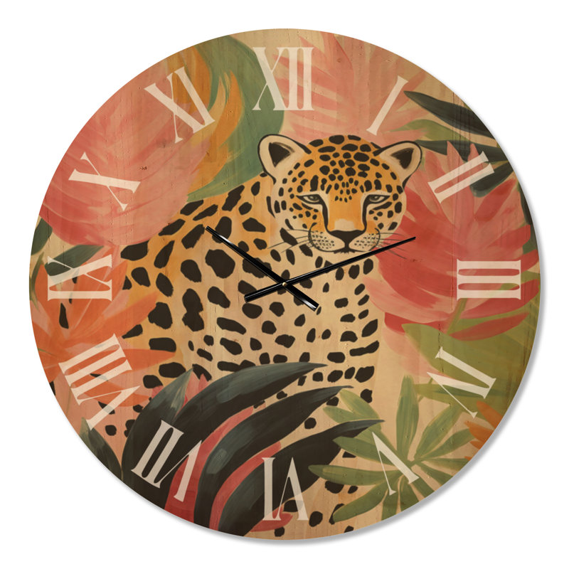 Horloge murale grand animal en bois - léopard, élégance tropicale I, Surdimensionné