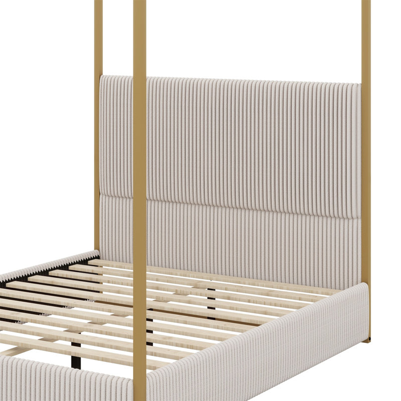 Modern Luxury Metal Canopy Bed With Tall Upholstered Headboard And Gold Four Poster, Beige/Gold