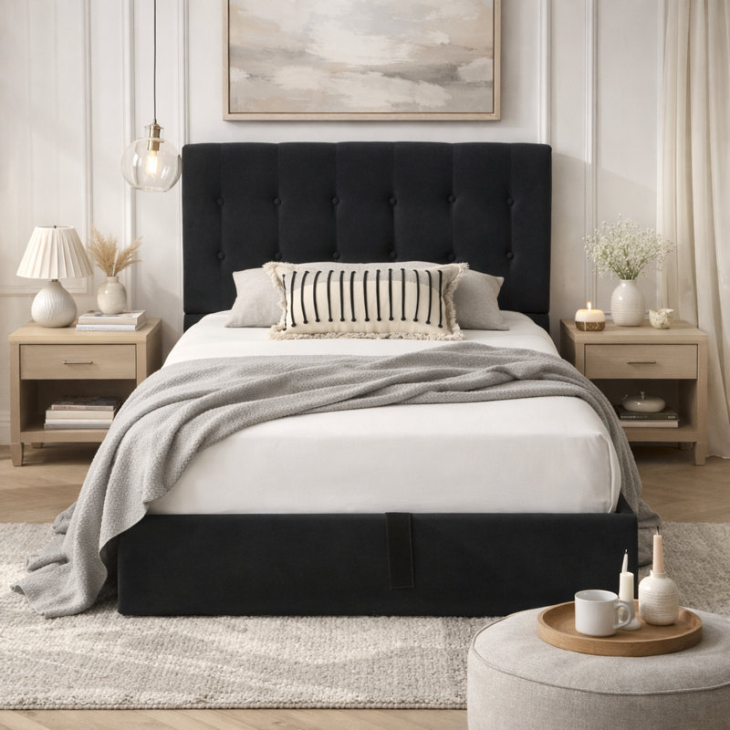 Lit plateforme tapissier avec rangement Arcadia, Noir, Simple