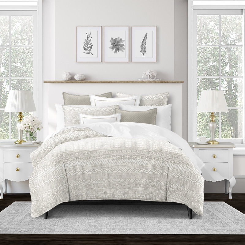 Stonefest Standard Cotton 3 Piece Duvet Cover Set, SupQueen DuvetCover+2 Queen Shams+2 Throw Pillows, Beige Geometric
