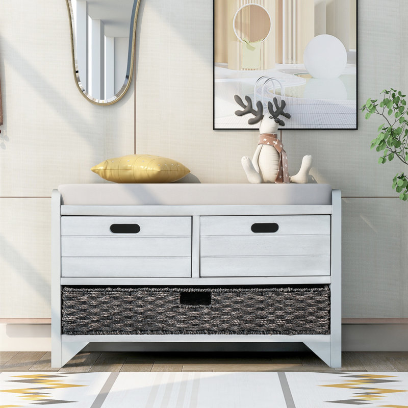 Entryway Bench with Removable Basket and Drawers, Light Gray