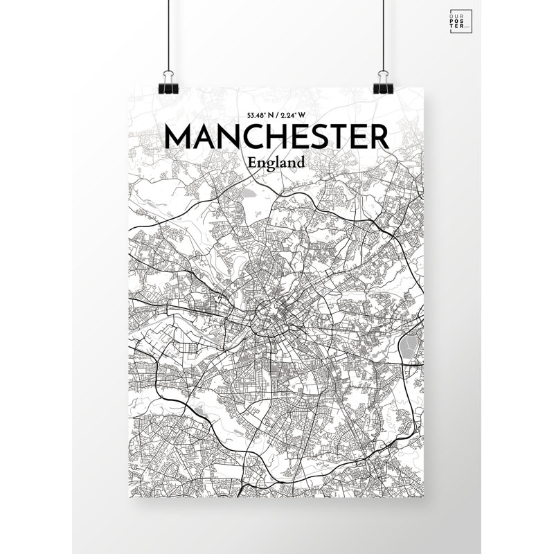 « manchester city map », reproduction d’impression sur affiche blanc, H 20 po x l 16 po