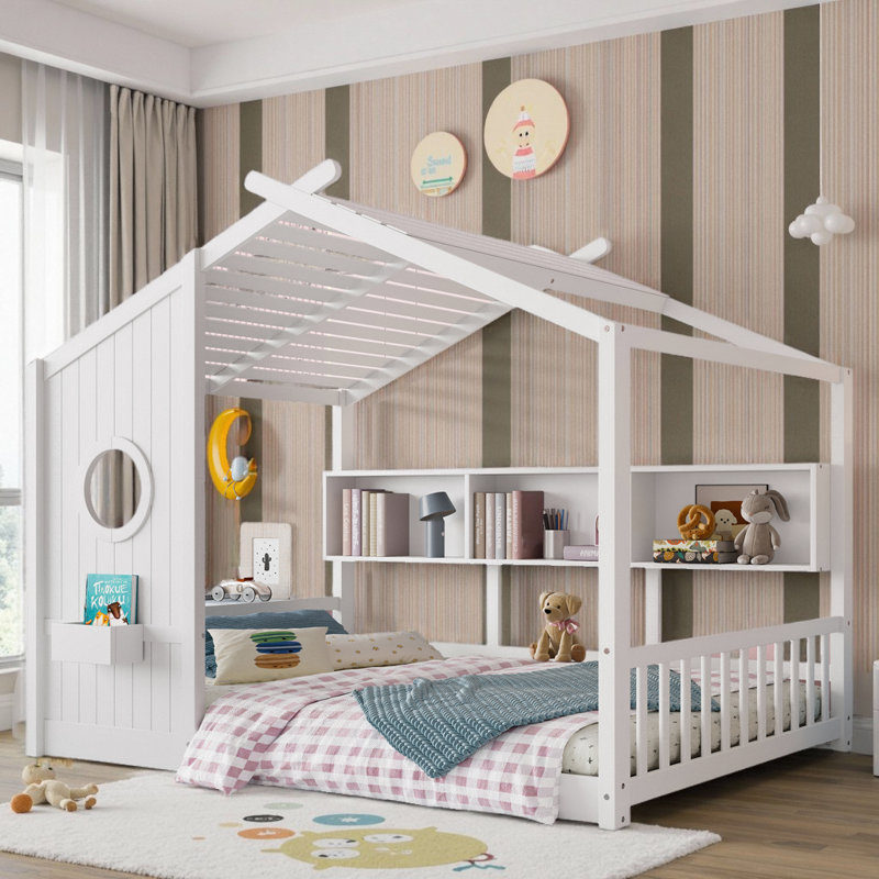 Montessori Safety Design Floor House Bed with Storage Shelf for Toddler, Kids, White, Full
