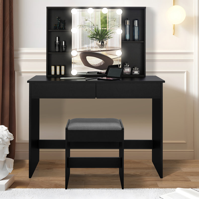 Ensemble coiffeuse avec tabouret et miroir Davisboro, Noir