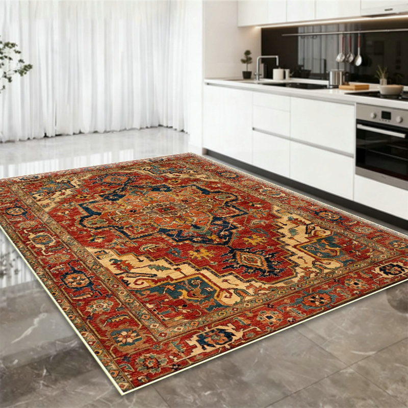 Large Area Rug for Living Room, Machine Washable Boho Rug for Bedroom, Low Pile Lightweight Thin Rugs Floral Vintage Distress Print Pattern Carpet for Dining Room, Red