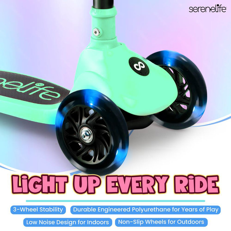 3-Wheel Foldable Kids Scooter - Child Toy Scooter with Built-in LED Wheel Lights, Foldable Seat, and Easy Maneuvering Lean-to-Steer Technology (Mint Green)