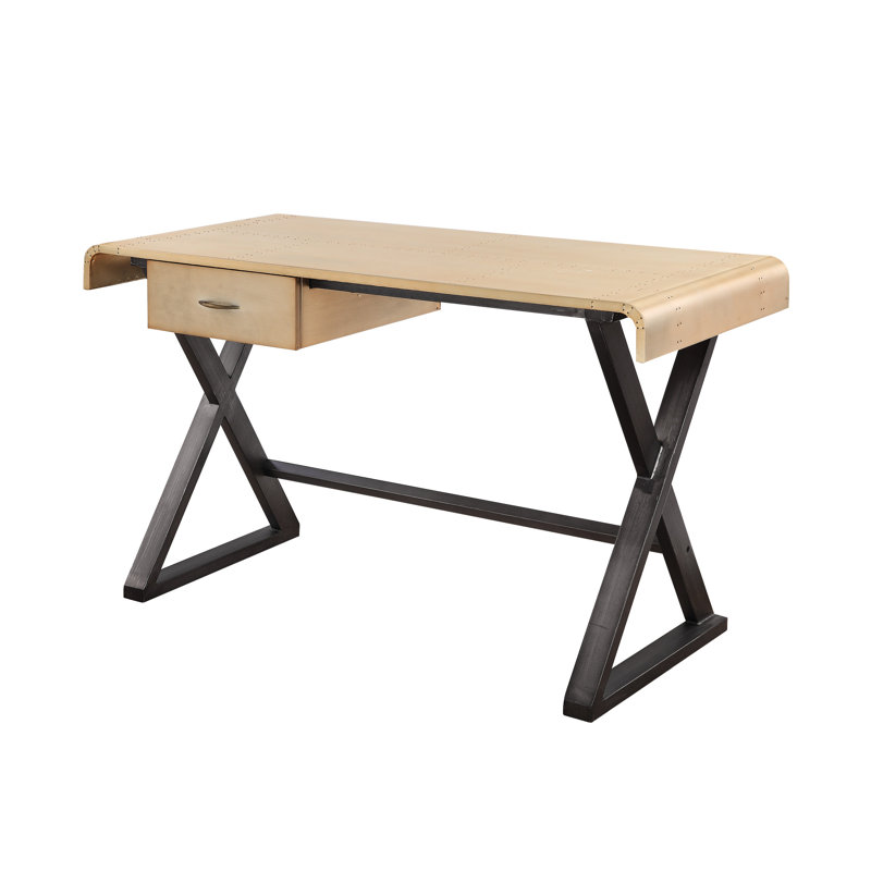 Bureau moderne en aluminium doré avec garniture en cuir et grand tiroir avec pieds rectangulaires
