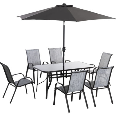 Patio Furniture With Umbrella, Flexible Tilt Quick - Drying Mesh, Powder Coated Metal Frame, 28" H Product Height Outdoor Umbrella Base, Tempered Glass, Aluminum And , Table