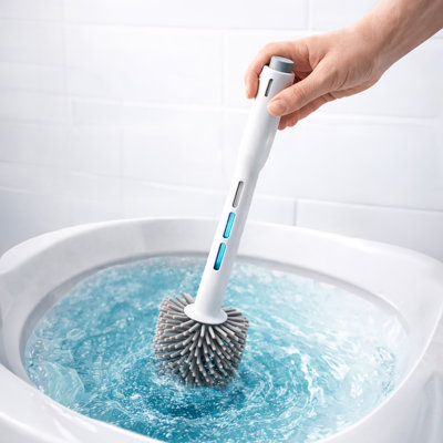 Bath Bliss 2-in-1 Toilet Bowl Brush with Refillable Liquid Dispenser Handle White Color | Bathroom Cleaning Supplies | Compact Toilet Brush Storage