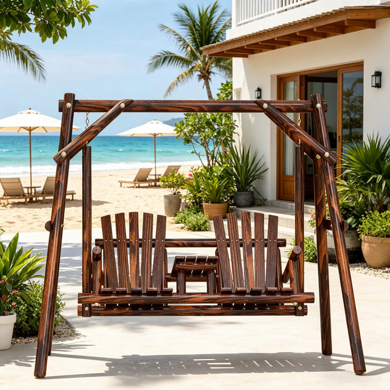 Balancelle en bois avec support, balancelle de patio 2 places avec table centrale