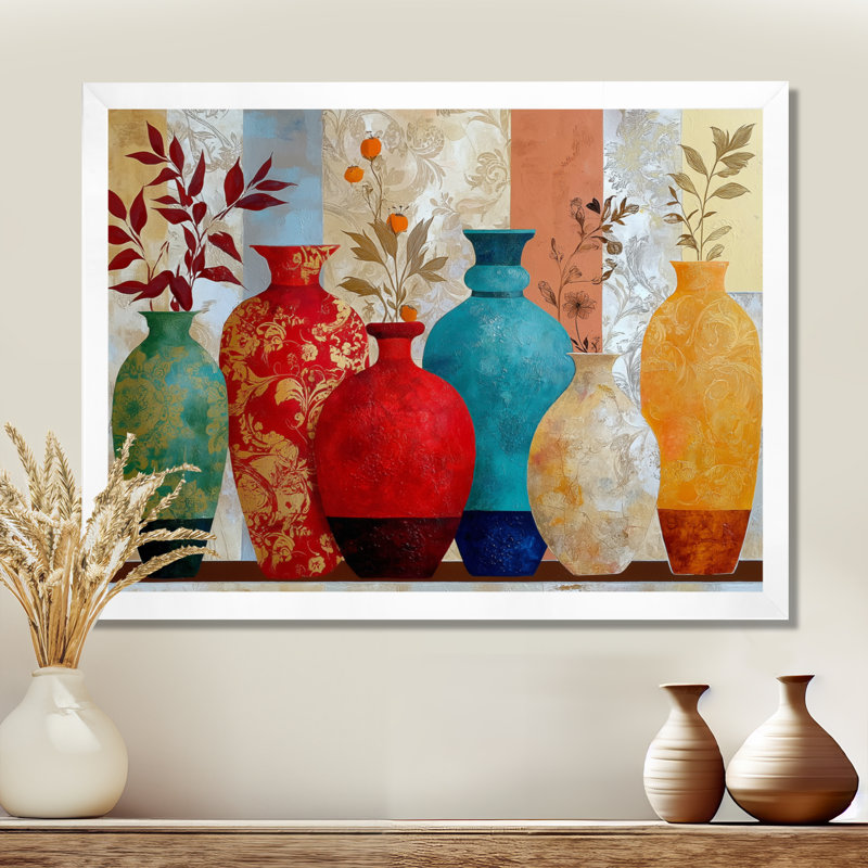 «Boho Plants Moroccan Vases - Morocco Pottery», reproduction d'art sur toile rouge, H 24 po x l 32 po, Cadre photo unique
