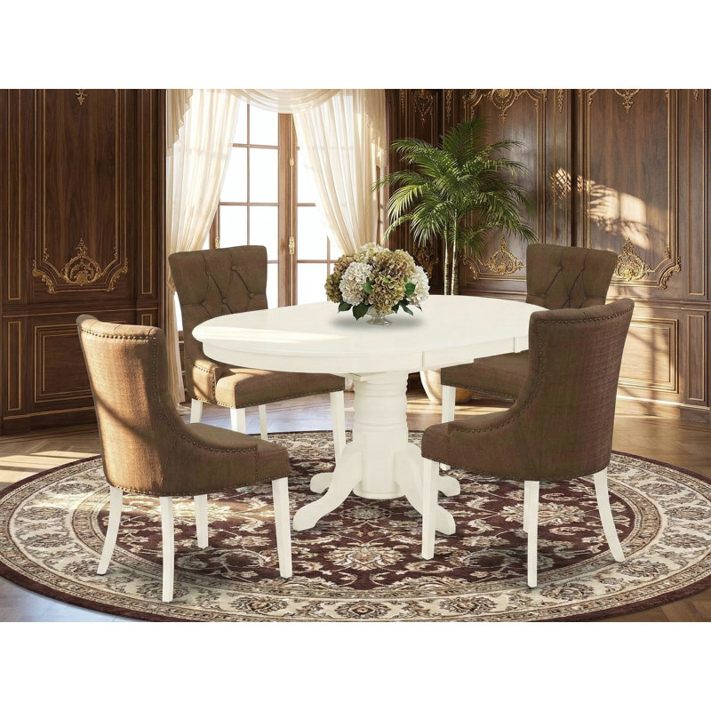 L'ensemble de mobilier de salle à manger 5 pièces comprend une table ovale en bois avec feuille papillon et 4 chaises Parsons en tissu brun, lin blanc