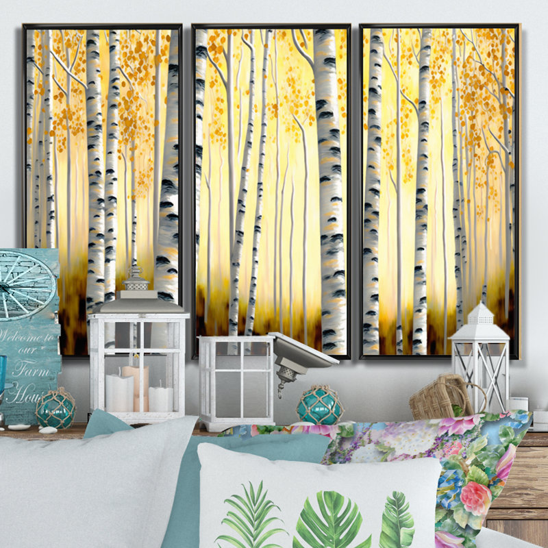 Golden Birch Trees Forest II - ensemble d'art mural sur toile paysage, Cadre noir, H 28 po x l 36 po x P 1 po