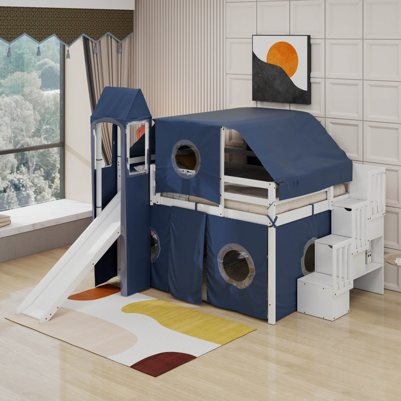 Lit mezzanine double avec tente et tour, Bleu