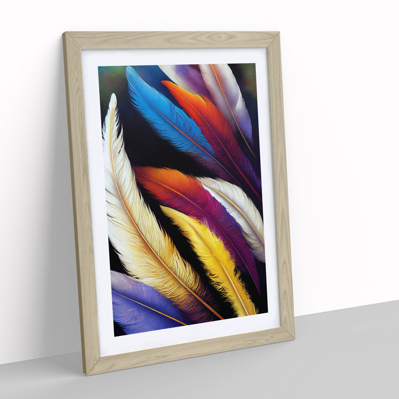 Feathers In Colour No.4 - Single Picture Frame Print, 64cm H x 46cm W x 2cm D, Oak