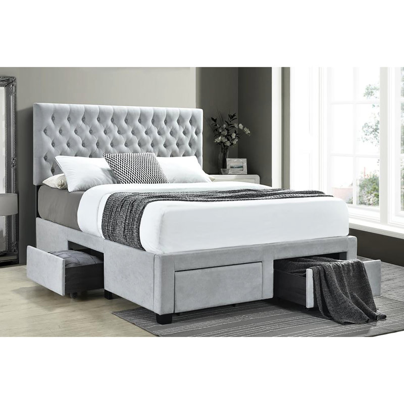 Élégant grand lit gris avec tiroirs de rangement et tête de lit en tissu, rembourrage en mousse pour un repos confortable
