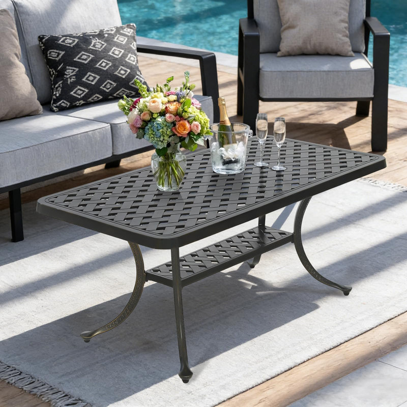  Outdoor Cast Aluminum Coffee Table, 42" Rectangle Patio Coffee Table With 2-tier Storage Shelf, All-weather Heavy Duty Patio Side Table For Outside Poolside Deck Garden & Indoor, Dark Bronze