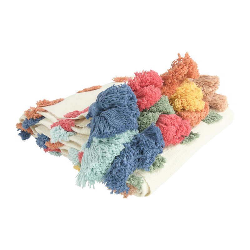Soft Woven Cotton Throw with Tufted Dots and Tassels