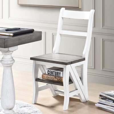 Foldable Solid Rubberwood Ladderchair For Dining Room Home, Dual - Purpose Stepladder And Display Stand, Rustic Natural Look On Wood, Antique White Color Scheme, 35.13 In Height Magnitude, 16.77