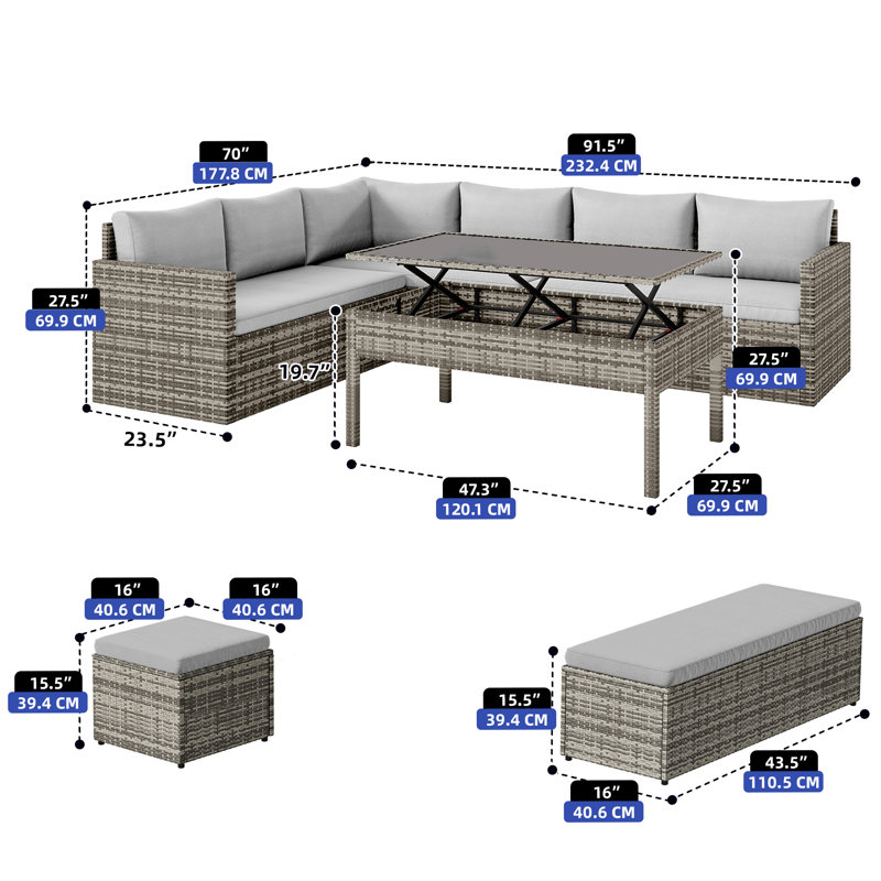 Ensemble de conversation pour canapé modulaire en osier avec table relevable, Gris, Gris
