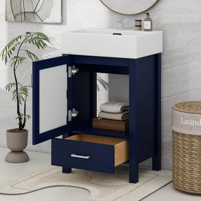 Meuble-lavabo de 20 pouces avec lavabo en céramique et beaucoup de rangement, Bleu