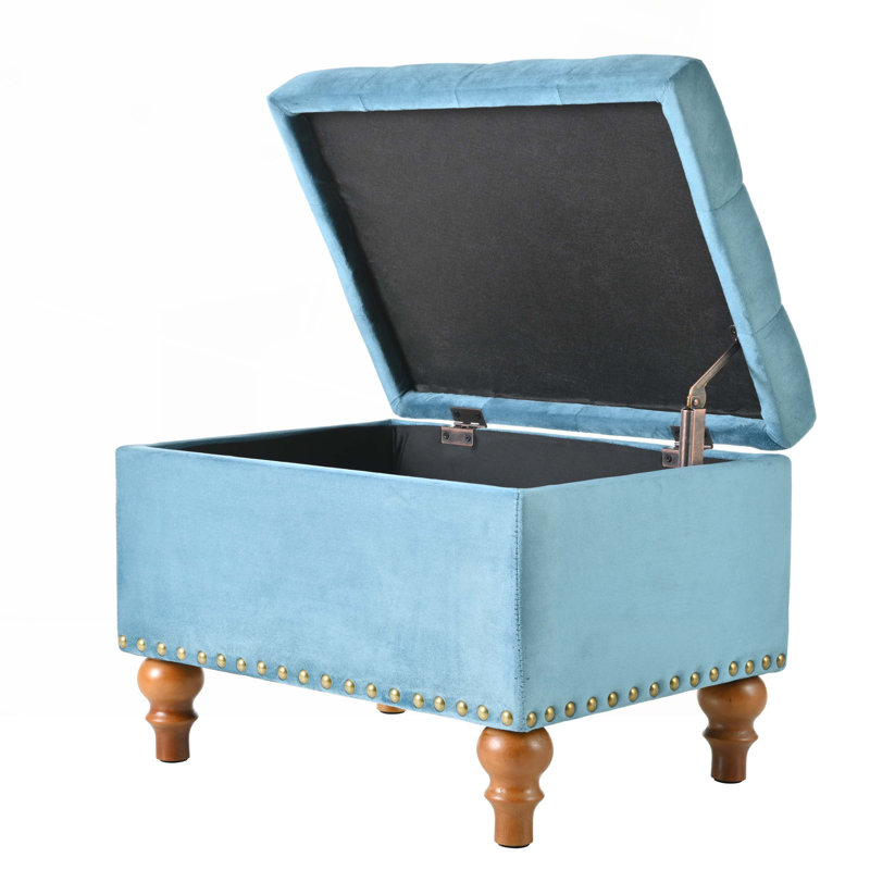 Repose-pieds carré revêtu de velours avec espace de rangement, charnières de soutien dissimulées avec plateau facile à ouvrir, garniture de rivets