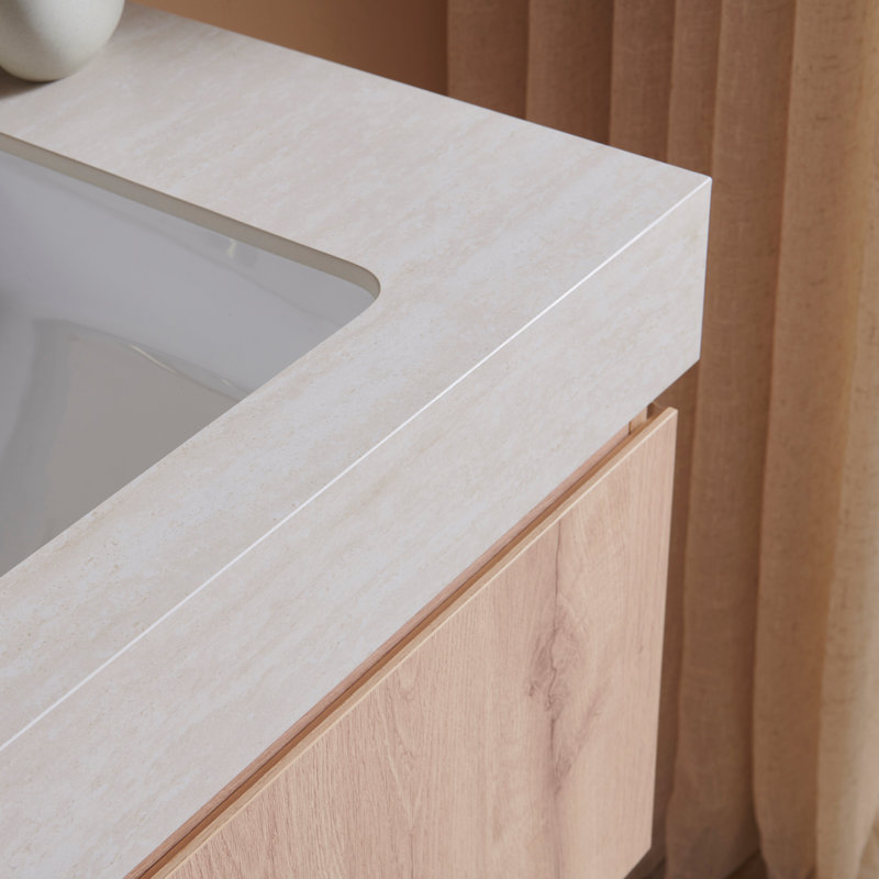 Meuble-lavabo moderne avec comptoir en pierre frittée à motif travertin Valenza, Chêne blanc, 30", Beige