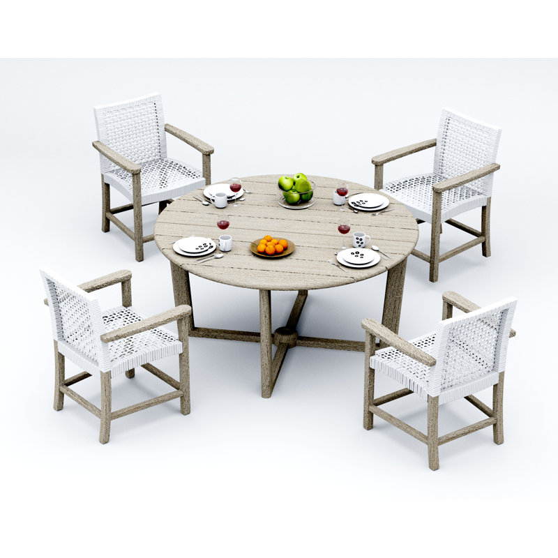 Ensemble de salle à manger 7 pièces en bois de teck vieilli de qualité A: table ronde 60 "Sema et 6 chaises également avec accoudoirs # 11AI3506