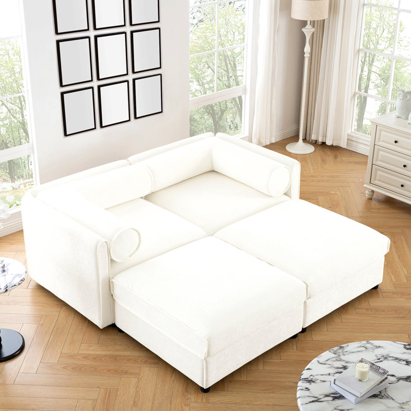 Canapé 2 places en chenille avec 2 repose-pieds, 27,9 po H x 75,5 po l x 37,4 po P, 2, Blanc