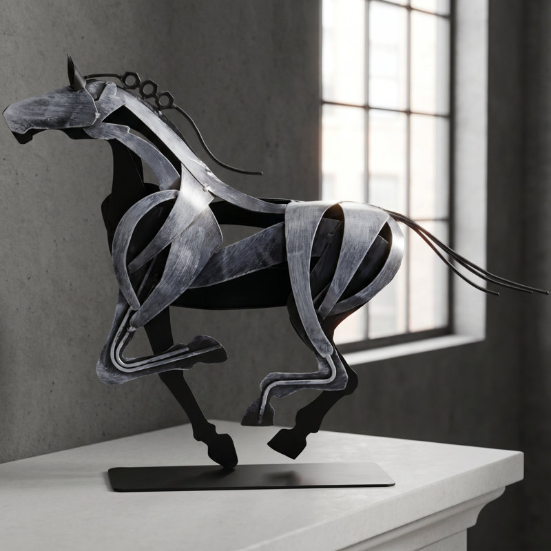Sculpture de cheval en métal faite à la main, Gris