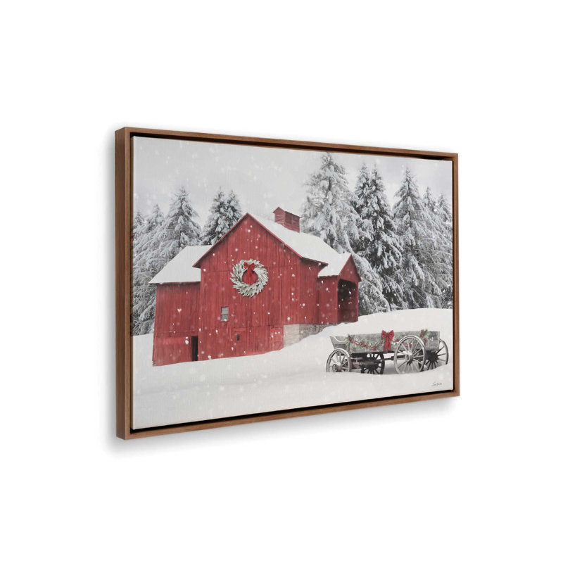 Red Christmas Barn and Wagon by Lori Deiter Art Print, Framed Canvas, Brown, 48 W x 36 H