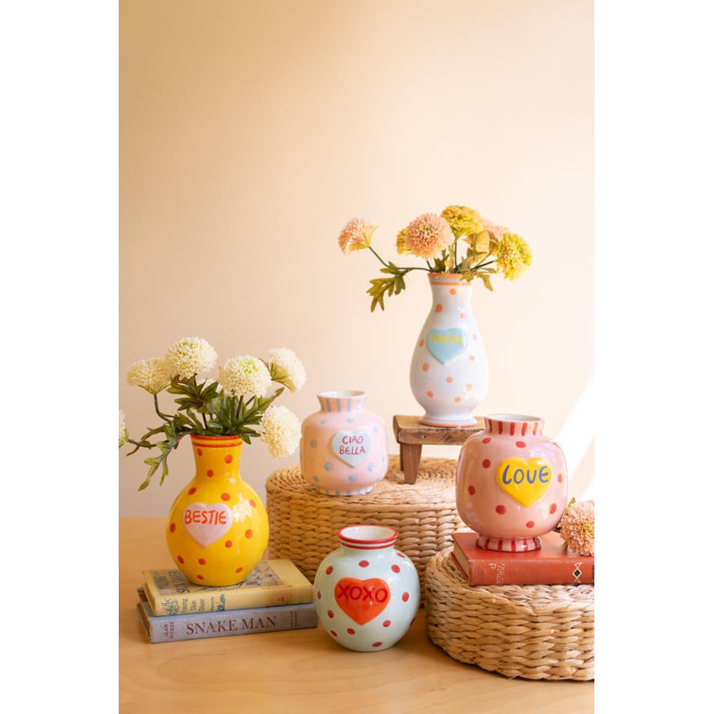 SET OF FIVE CERAMIC HEARTS WITH WORDS VASES