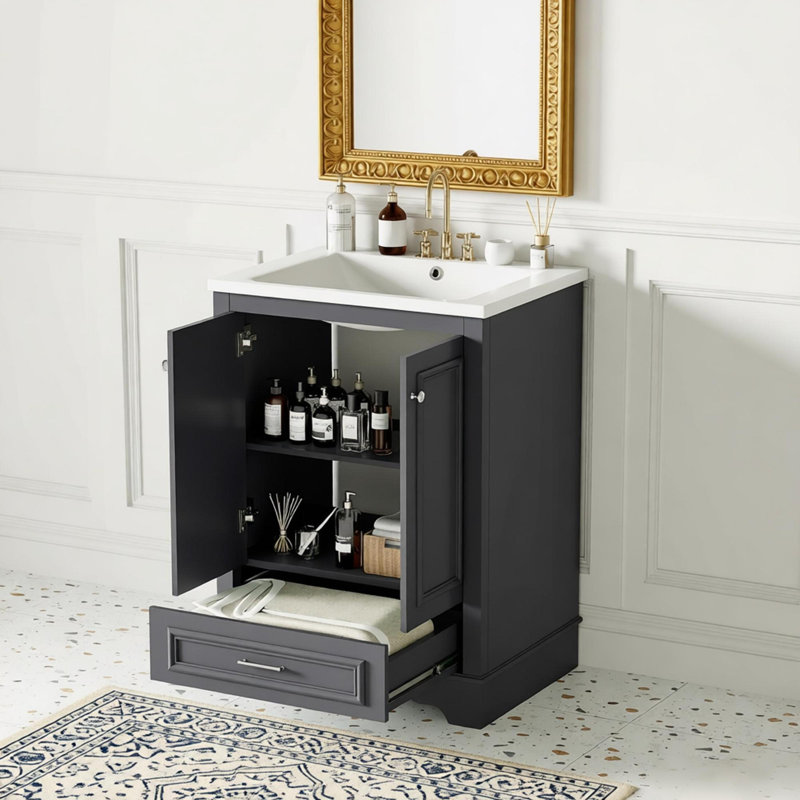 Ensemble de meuble-lavabo 24 po avec lavabo en céramique, armoire de rangement autoportante moderne avec poignées argentées, portes à fermeture douce