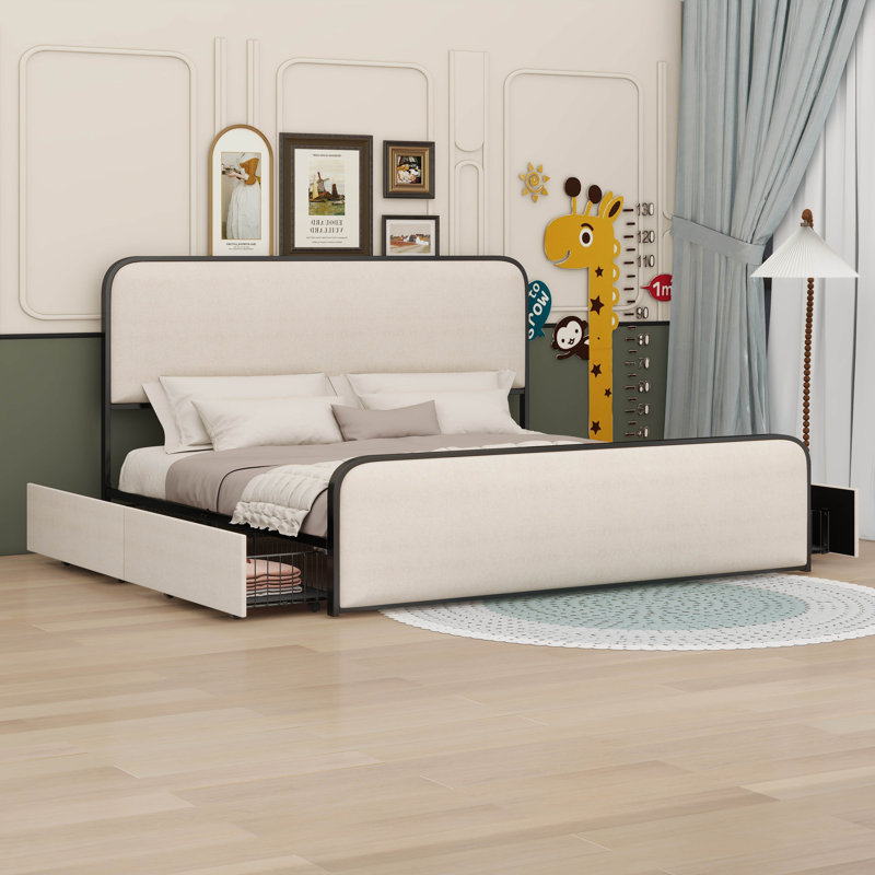 Structure de lit avec tête et pied de lit rembourrés en tissu courbé, lit moderne avec 4 tiroirs de rangement, Très grand