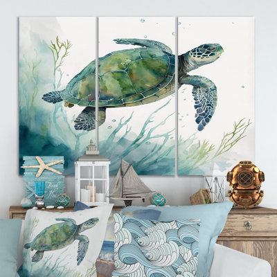 Tortue aquarelle nageant II - 3 pièces sur toile