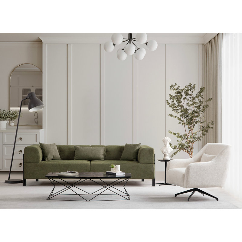 Canapé élégant 3 places Mehruddin, tissu vert, 88,6 x 36,6 x 29,5 pouces | Structure en bois de hêtre et en carton, 100% polyester, nettoyage à sec | Rembourrage en mousse souple et silicone, pieds en métal noir | Parfait pour les salons modernes